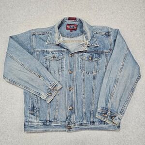Vintage Denim Gear Blue Moto Jacket Men's Large Trucker 90s Hong Kong Button Up